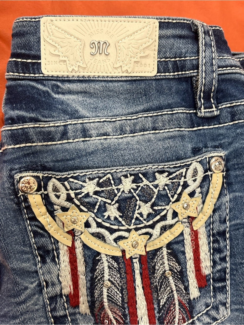 Miss Me women’s mid rise bootcut jeans 29 x 32 flag theme NEW NWT - Picture 7 of 12
